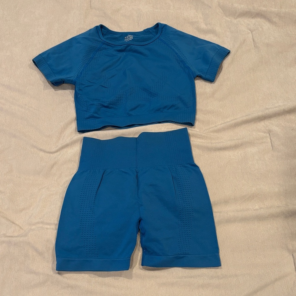 Blue Athletic Crop Top and Shorts Set